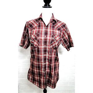 Ely Cattleman Pearl Snap Shirt Men Small Red Plaid Pockets Short Sleeve‎